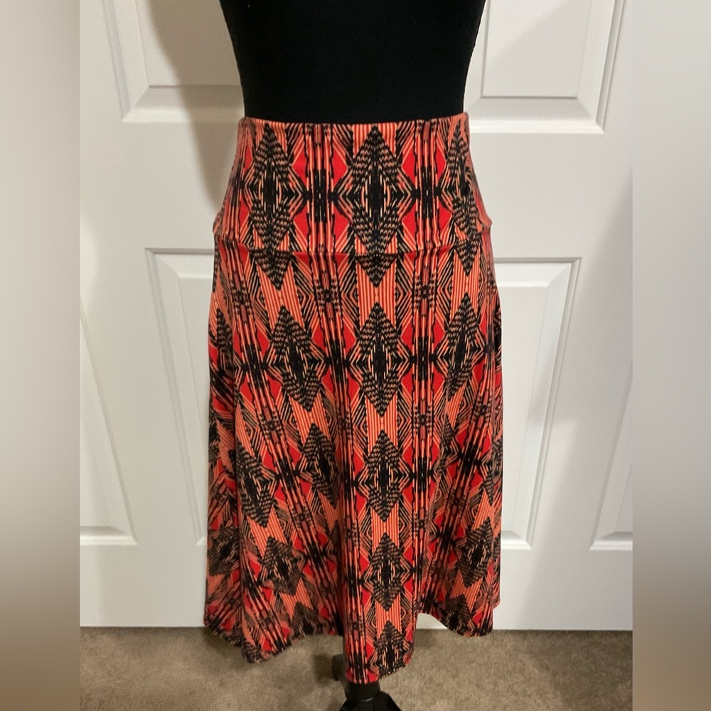 LuLaRoe L Black and Orange Geometric Azure Skirt